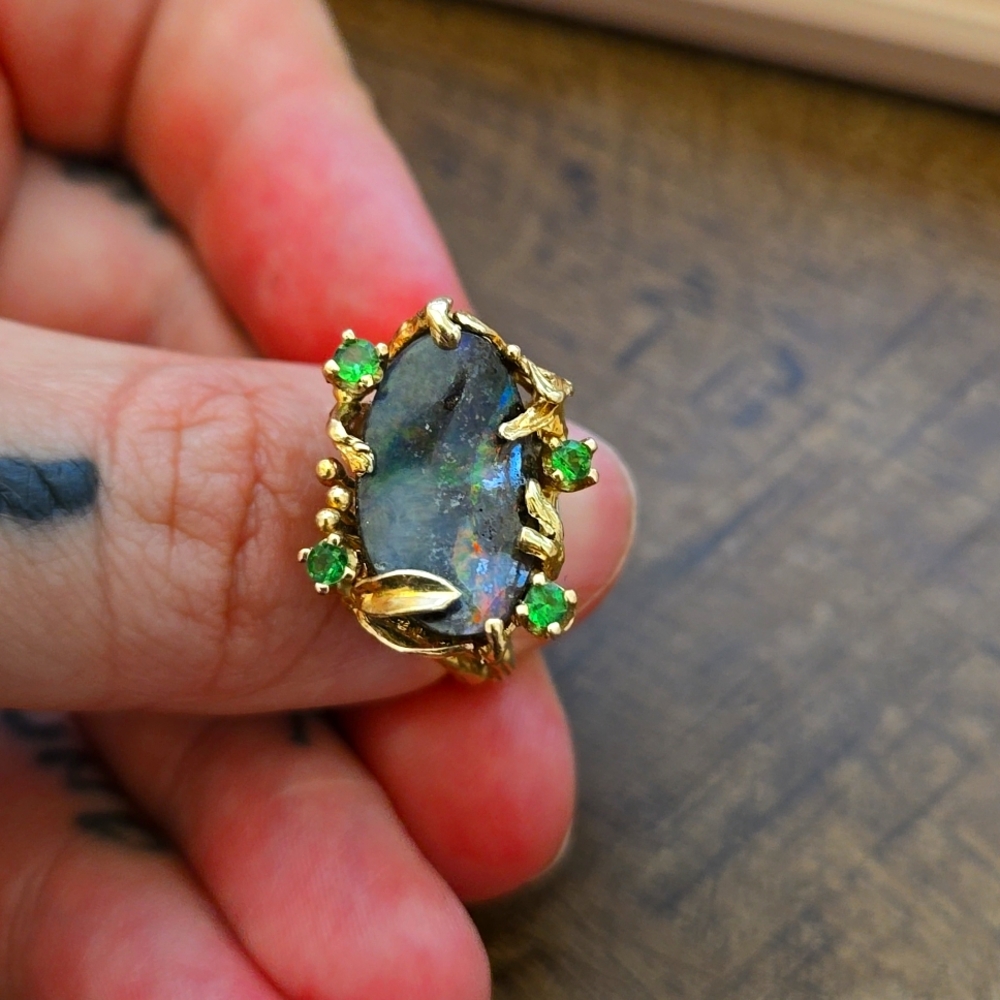 14k Yellow Gold Opal & Tsavorite Cocktail Ring size 8